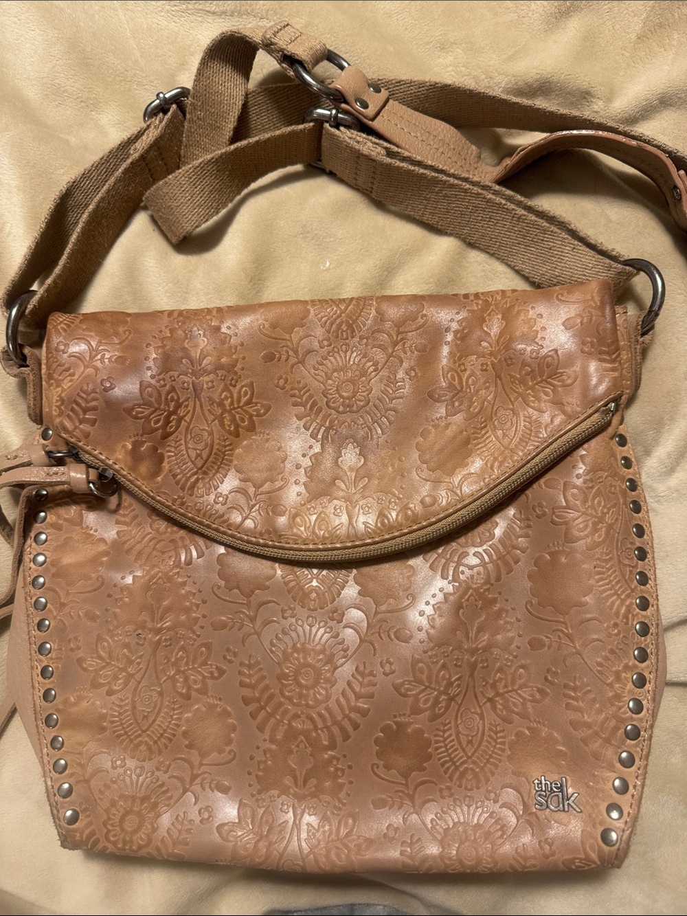 The Sak Embossed Tan Leather Crossbody with Stud Trim